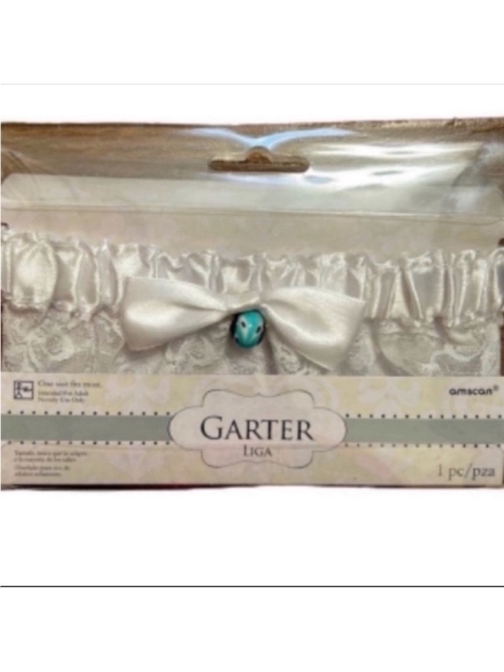 Amscan White Lace Garter with Satin Bow and Light Blue Bead for future use NWT